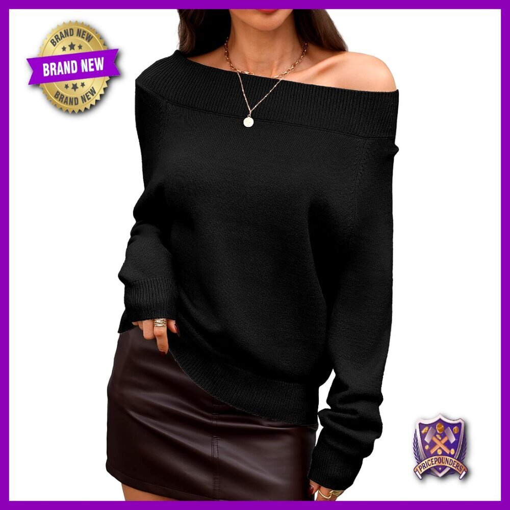 Off Shoulder Pullover Sweater Long Sleeve Cozy Fall Winter Casual